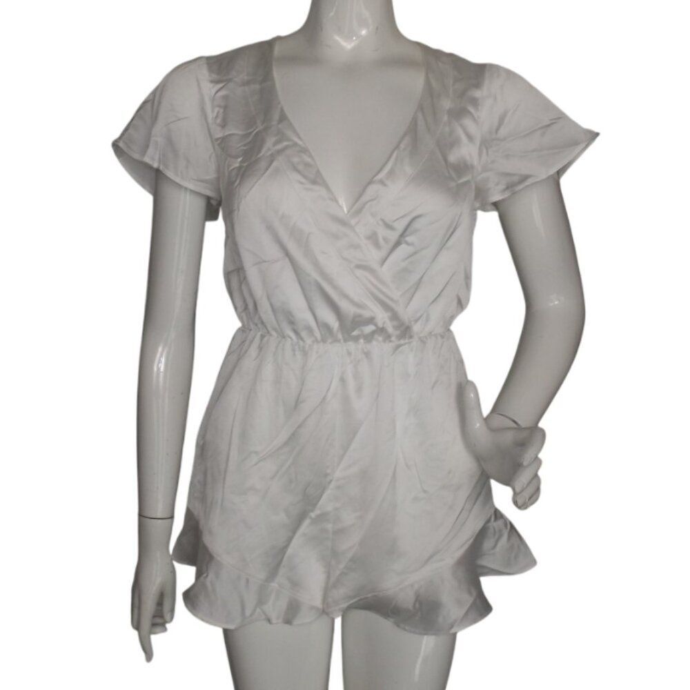 new SHOW ME YOUR MUMU Romper, XXS, White Satin, Ruffle, Flutter sleeve, V-neck